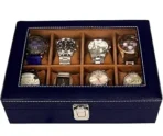 Presents Luxury Watch Box for Men & Women ? Lockable Leather Watch Organizer with Glass Lid, Soft Velvet Cushions, Premium Display & Storage Case for Watches -12 Slot Box (Blue)
