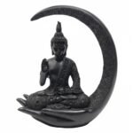 Black Buddha on Moon Statue - Decorative Resin Idol with Crescent Moon Back for Zen, Meditation, Home Altar & Modern Spiritual Decor