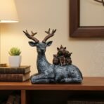 Artisanal Deer Stag Statue with Squirrel & Rabbit Figurine - Intricate Textured Pattern, Polyresin Wildlife Home Decor Showpiece, Black/Silver - Image 3