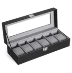 Presents Luxury Watch Box for Men & Women ? Lockable Leather Watch Organizer with Glass Lid, Soft Velvet Cushions, Premium Display & Storage Case for Watches -6 Slot Box (Black)