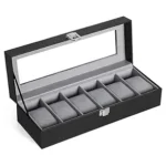 Presents Luxury Watch Box for Men & Women ? Lockable Leather Watch Organizer with Glass Lid, Soft Velvet Cushions, Premium Display & Storage Case for Watches -6 Slot Box (Black)