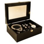 Luxury Storage Box with Glass Lid, Decorative Organiser Box for Jewellery and Accessories, Available in Red, Black, White (Black)